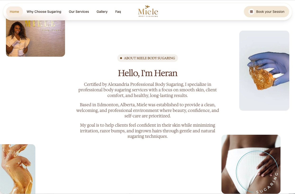 About section introducing the owner, Heran, with photos of the studio and sugaring paste