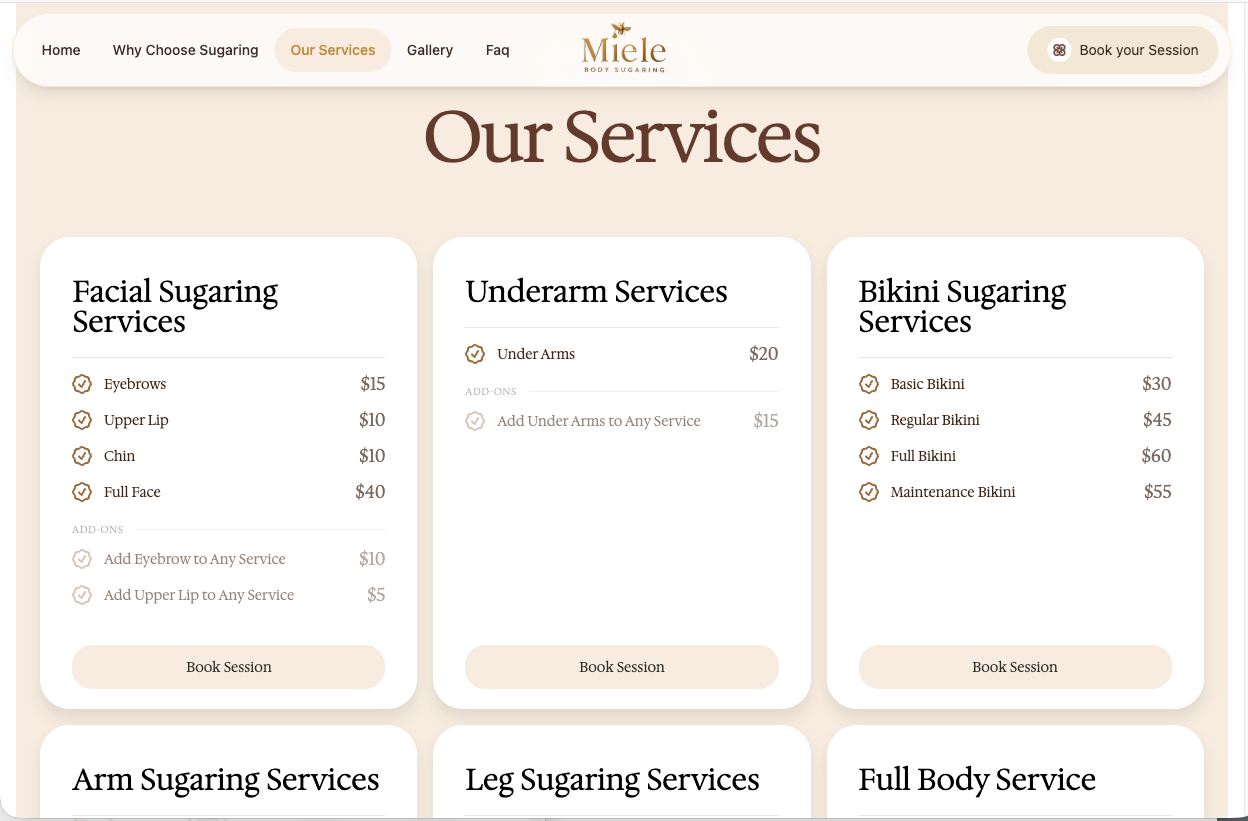 Services page with facial, underarm and bikini menus, prices and Book session buttons