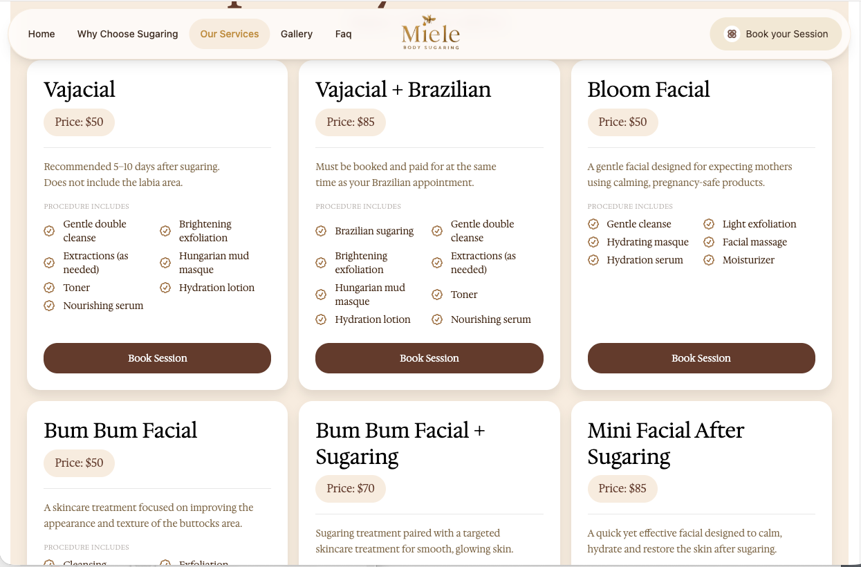 Facial treatment cards with prices, what's included and Book session buttons