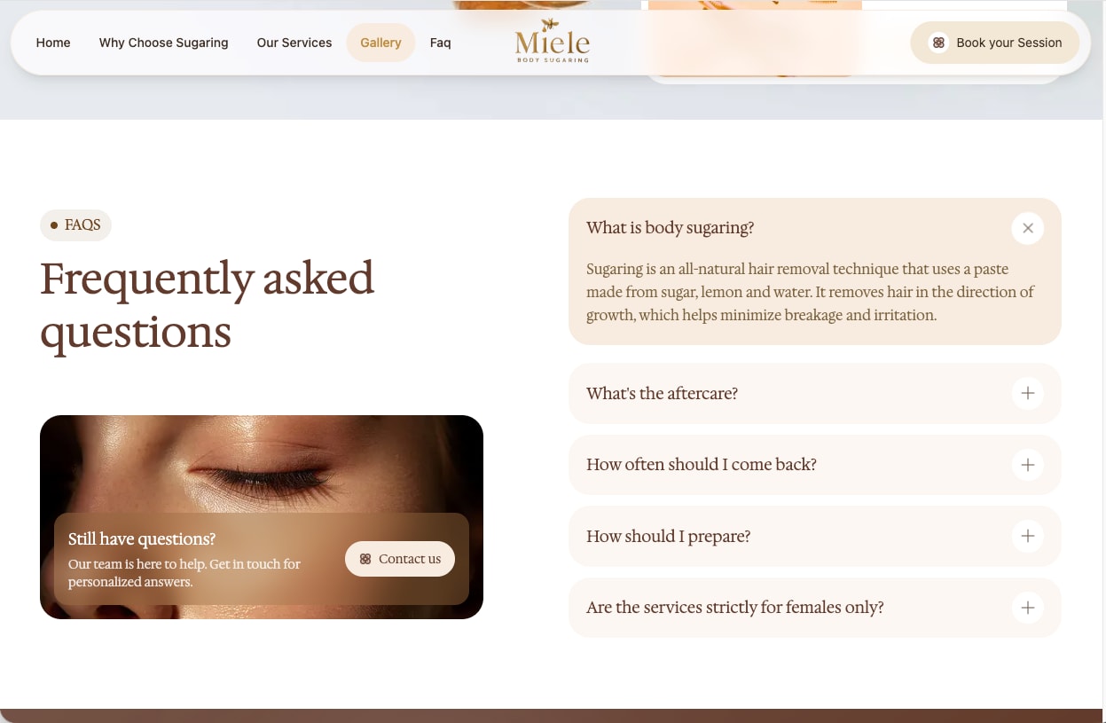 FAQ with an open answer about body sugaring and a Contact us card