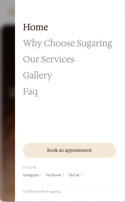 Menu with Home, Why choose sugaring, Our services, Gallery, FAQ and Book an appointment
