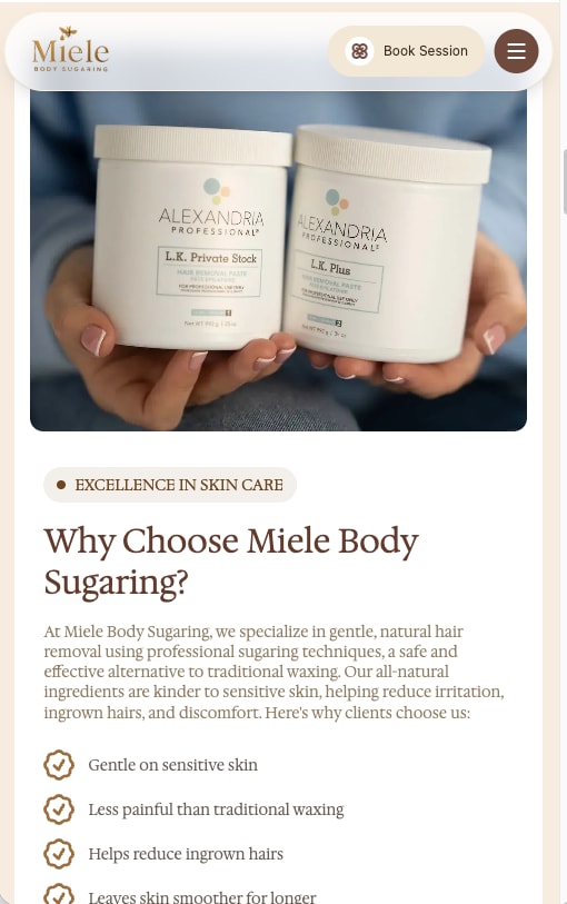 Why choose Miele Body Sugaring with product jars and a checklist, on a phone