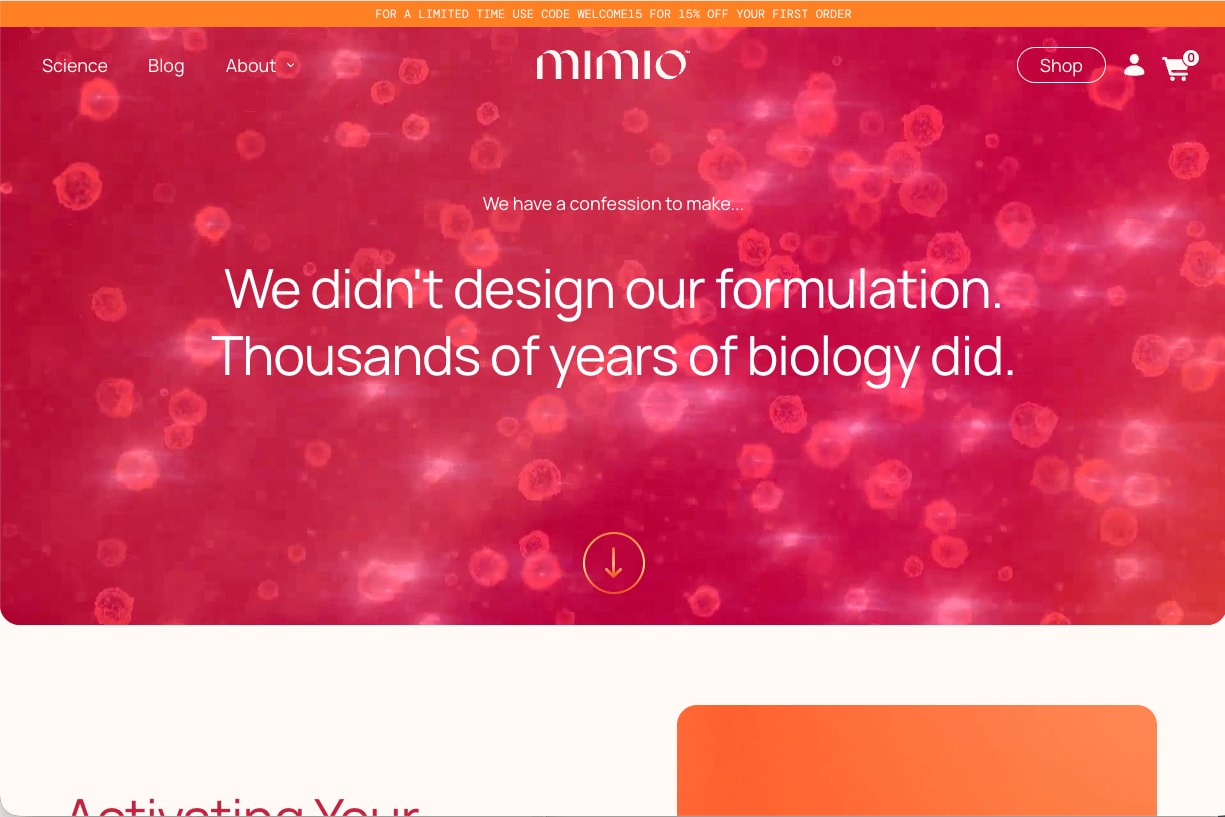 Red textured banner with a one-line brand statement and a scroll arrow