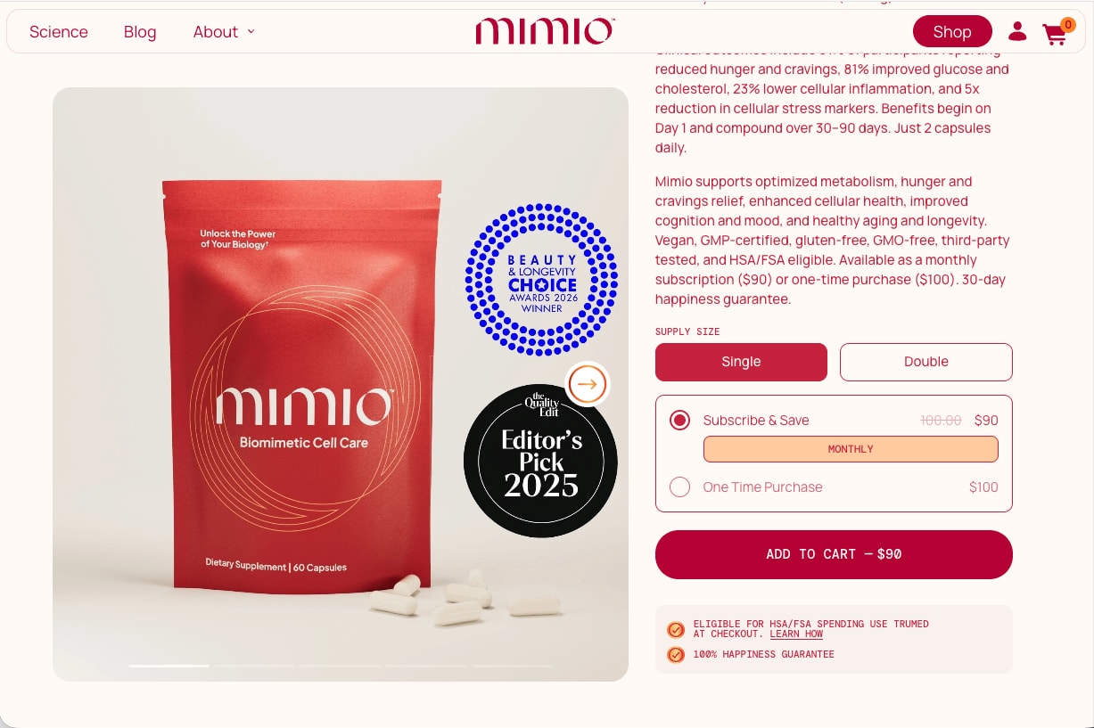 Product page with the pouch, award badges and subscribe or one-time purchase options