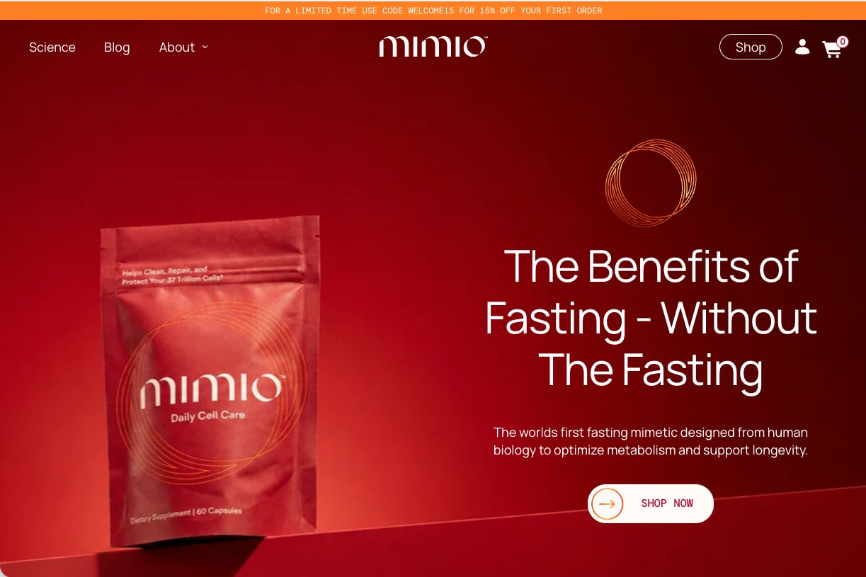 Mimio homepage hero with a red pouch on a red background and a Shop now button