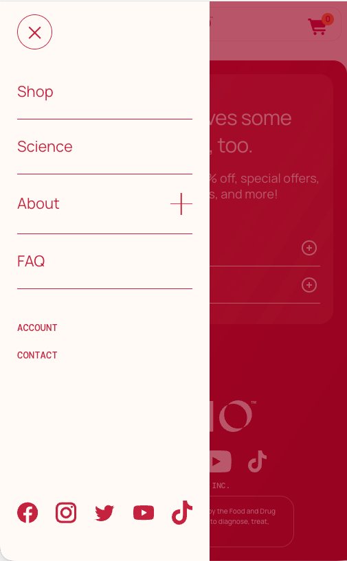 Menu with Shop, Science, About and FAQ and social icons, on a phone