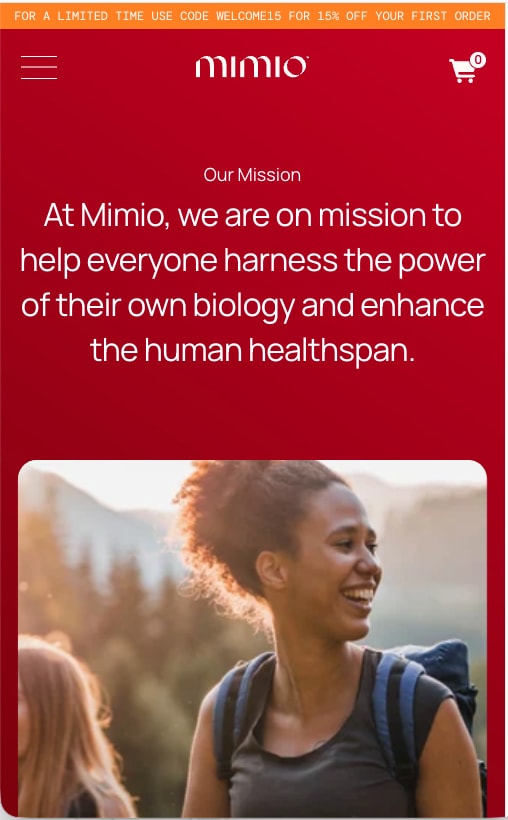 Mission statement in white on red with a photo of a woman hiking, on a phone