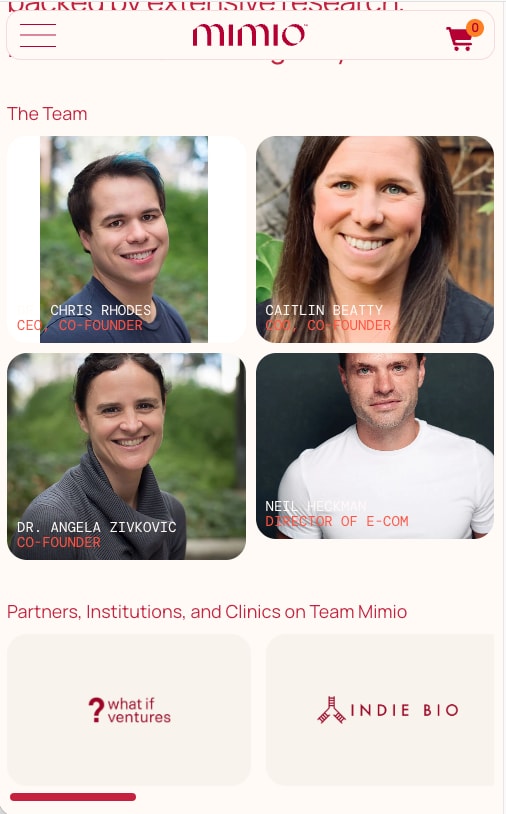 Team section with four portraits and partner logos, on a phone