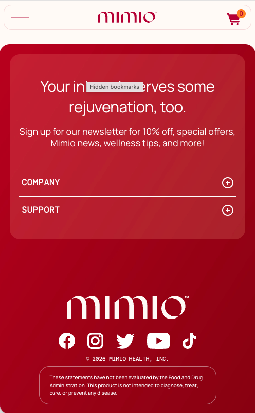 Red footer with a newsletter sign-up and the logo, on a phone