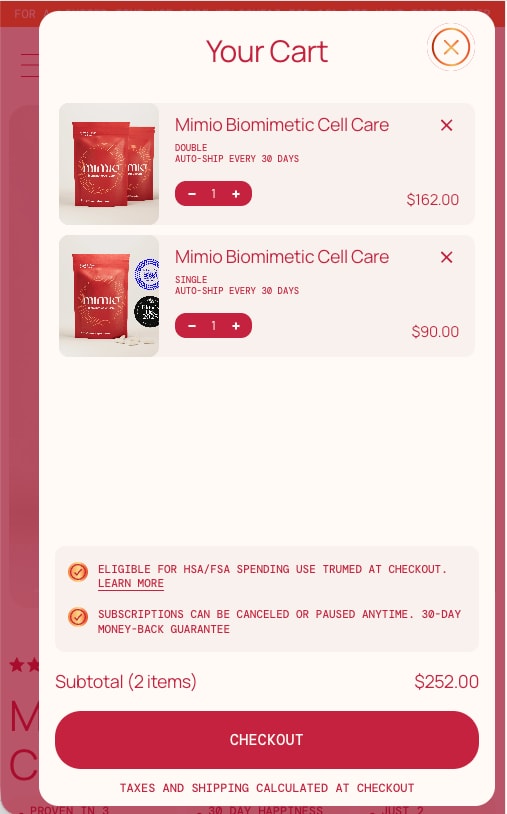 Cart drawer with two products, quantity steppers and checkout, on a phone
