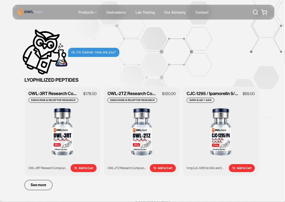 OWLchemi homepage with an illustrated owl mascot and a row of products with add-to-cart buttons
