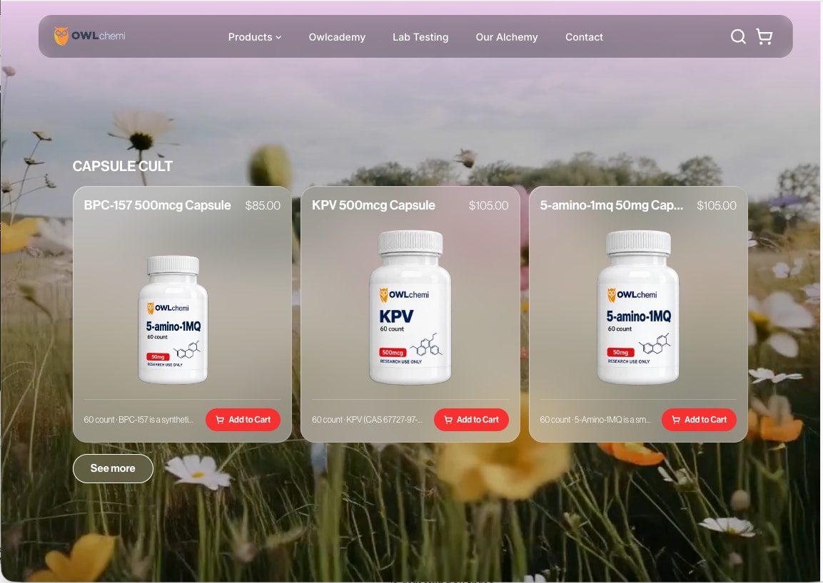 Capsule product cards over a wildflower meadow photo with add-to-cart buttons