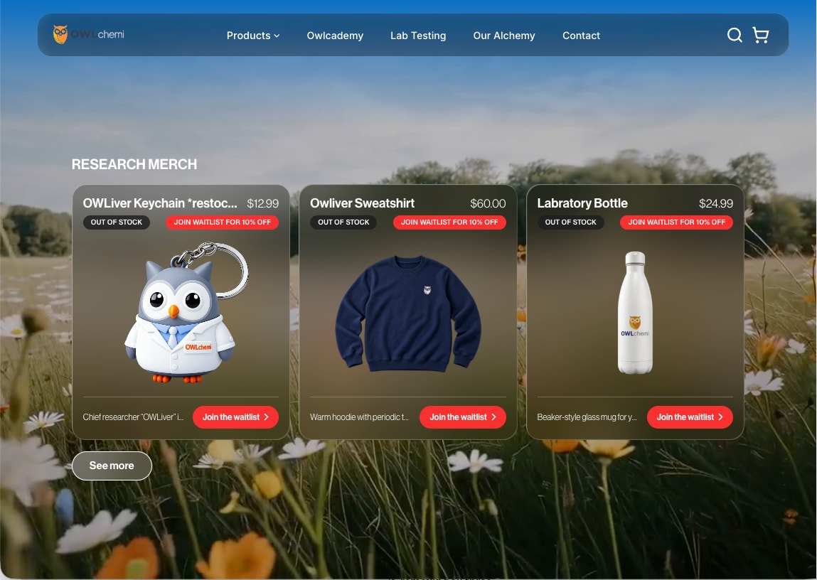 Merch cards for a keychain, sweatshirt and bottle with waitlist buttons over a meadow
