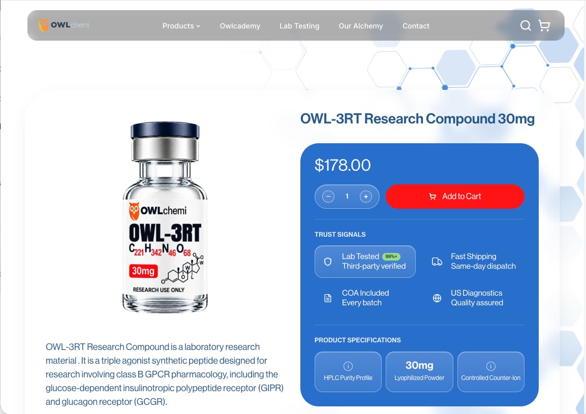 Product page with a vial, price, add to cart and a blue panel of trust signals