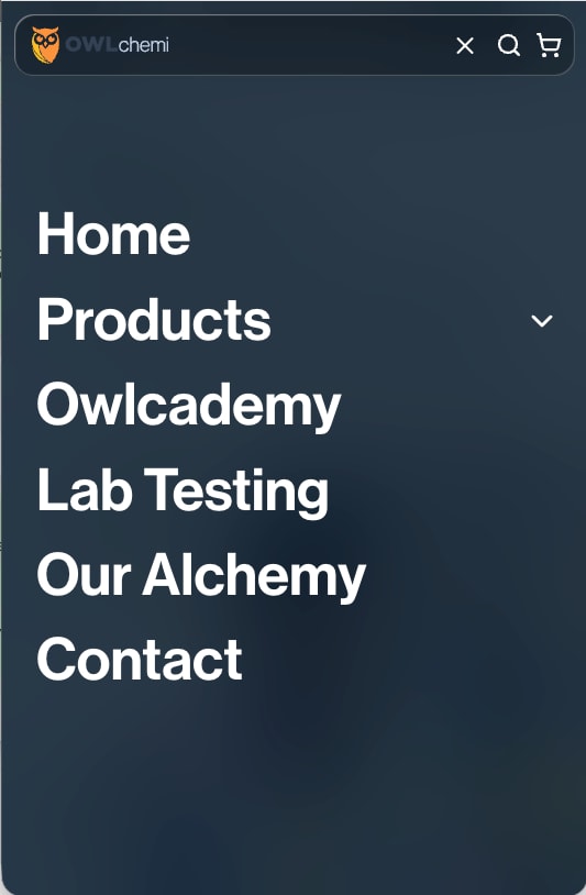 Dark menu with Home, Products, Owlcademy, Lab Testing, Our Alchemy and Contact, on a phone