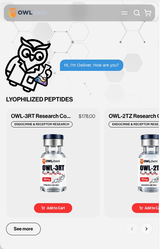 Product carousel with the owl mascot and add-to-cart buttons, on a phone