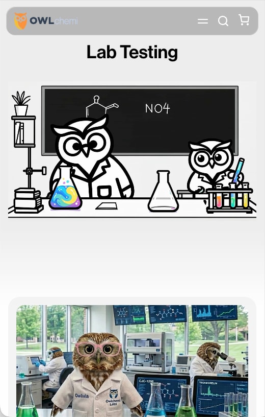 Lab Testing page with owl illustrations and a lab photo, on a phone
