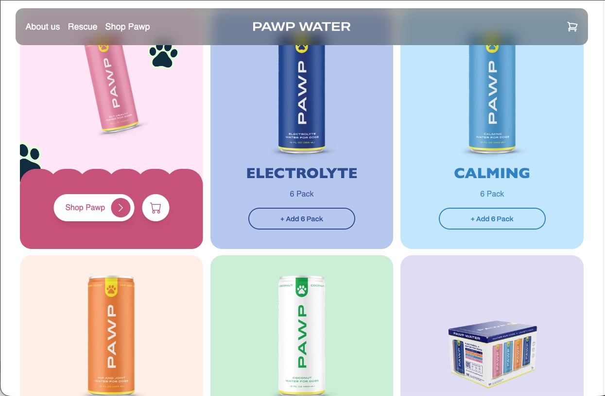 Pawp Water collection page with cans on pink, blue, orange and green tiles and add-to-pack buttons