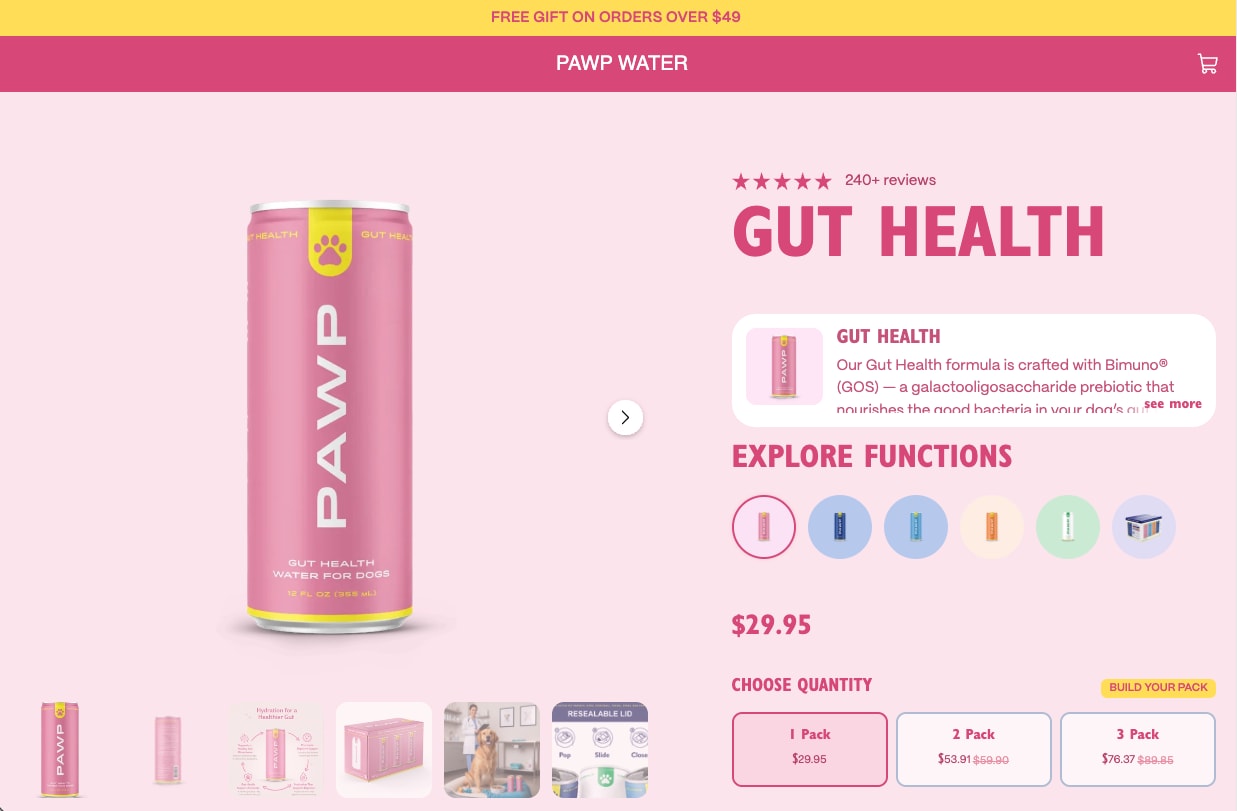 Pawp Water product page in pink with the can, coloured variety chips and pack-size options