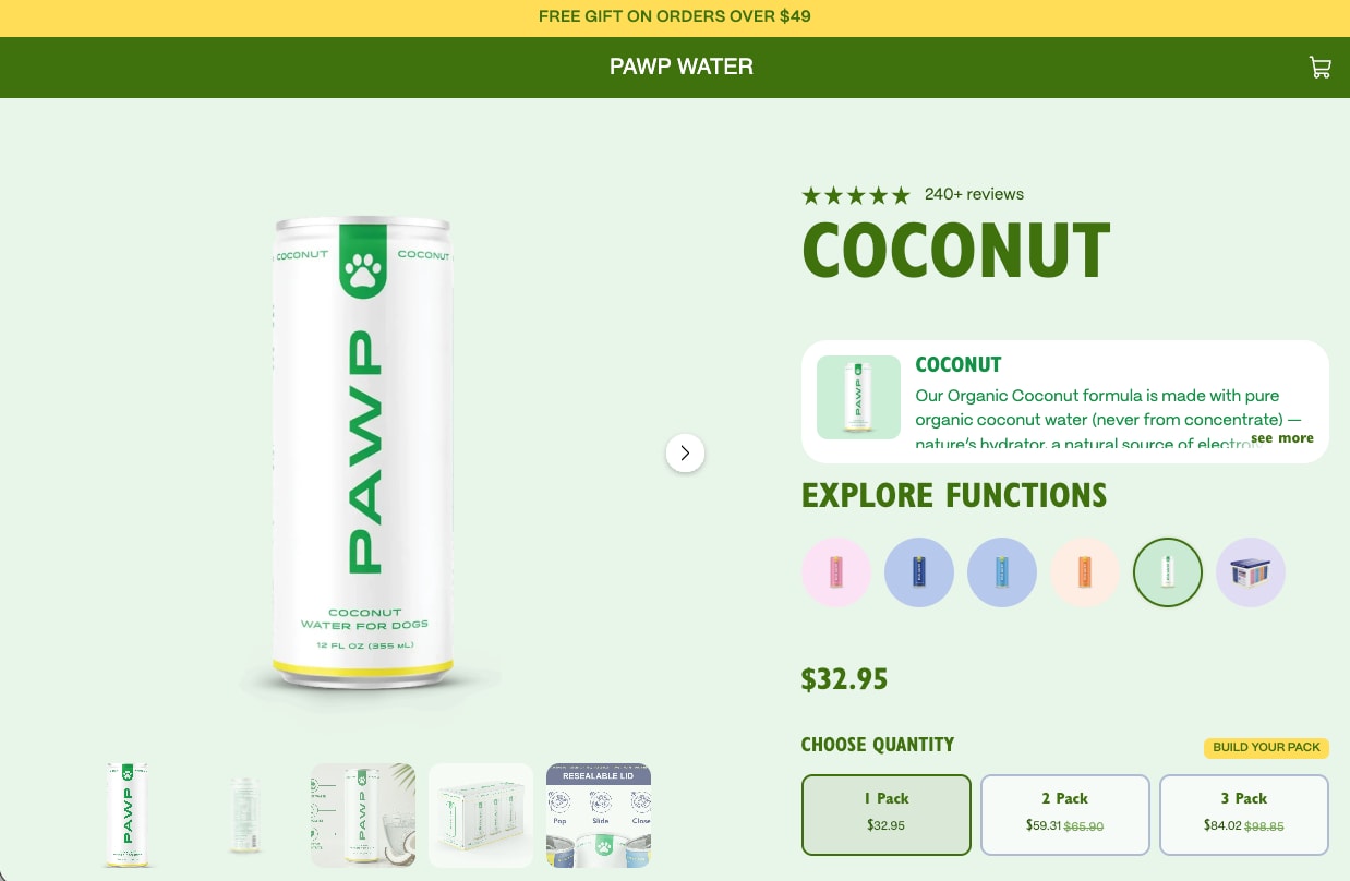 The product page in green for the Coconut can, with one-, two- and three-pack options