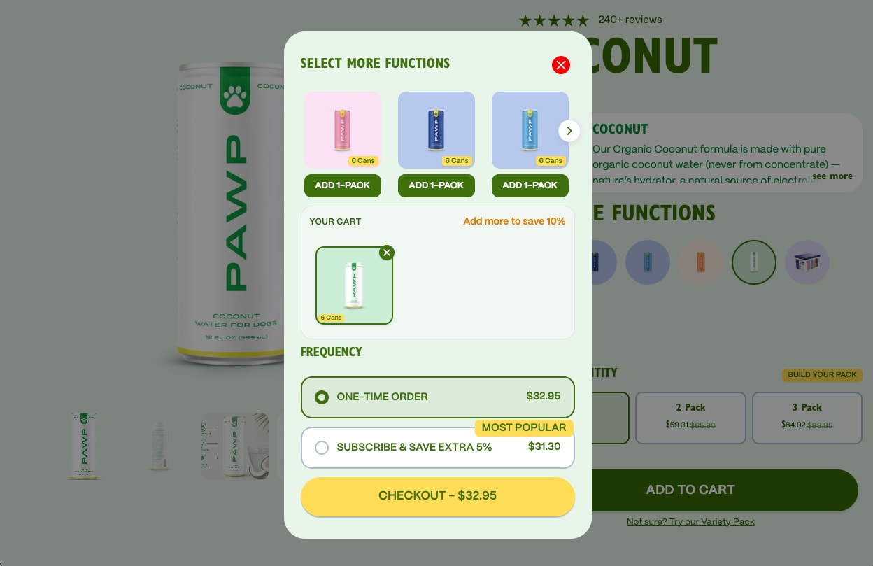 Cart drawer offering more varieties, one-time or subscribe-and-save, and a checkout button