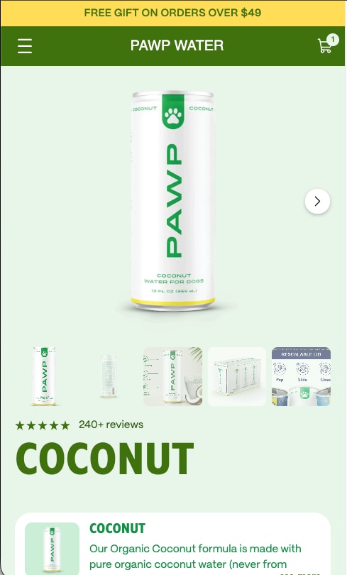 Coconut product page on a phone with the can, image thumbnails and star rating