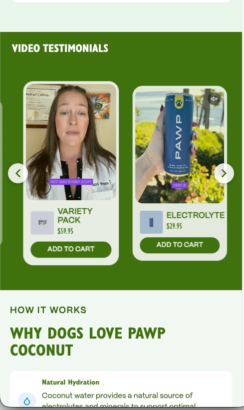 Video testimonial cards with add-to-cart buttons on a green background, on a phone