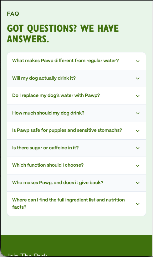 FAQ accordion with questions about Pawp Water, on a phone