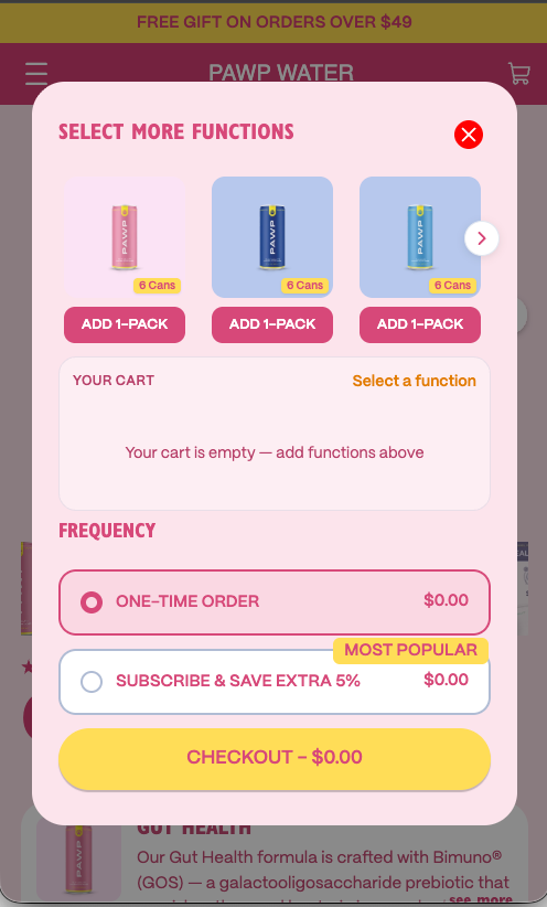 Pink cart drawer with variety picks and subscribe options, on a phone