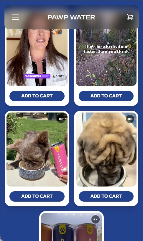 Grid of customer videos with dogs, each with an add-to-cart button, on a phone