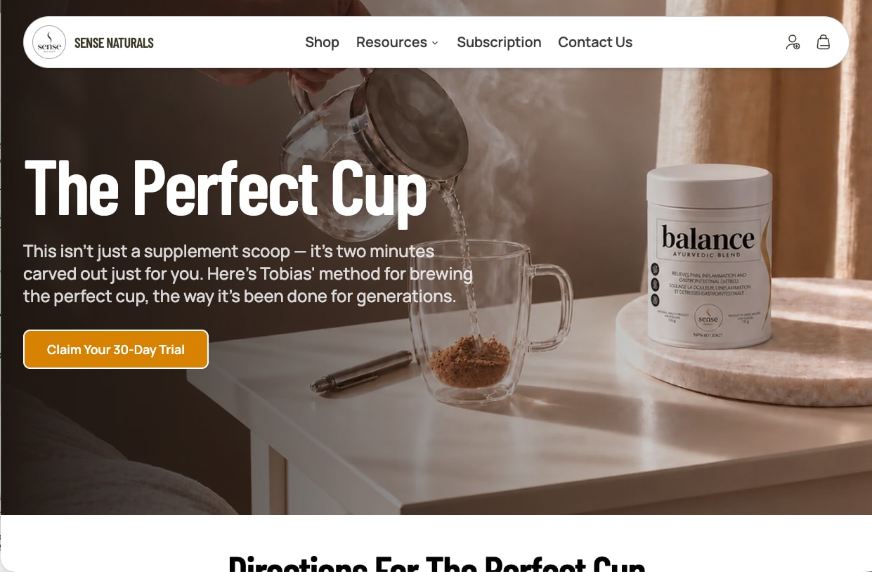 Hero with tea being poured beside the Balance tin and a 30-day trial button