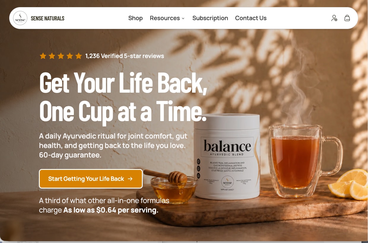 Hero with the Balance tin and a cup of tea, a star rating and a call to action