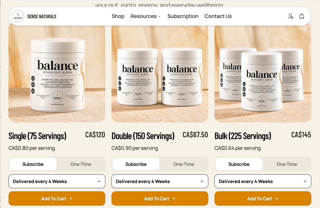 Three bundle cards with servings, price per serving, a subscribe toggle and add to cart
