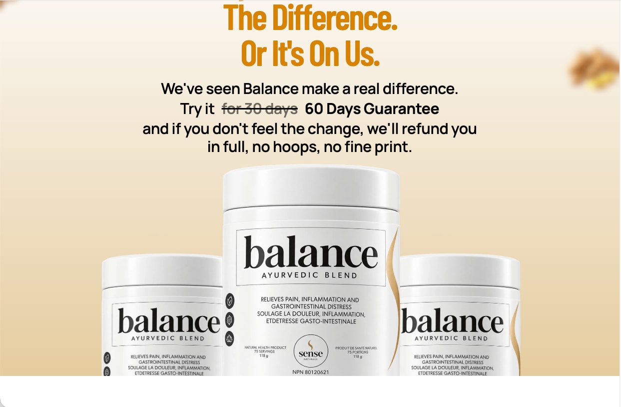 Guarantee section with three Balance tins on a cream gradient