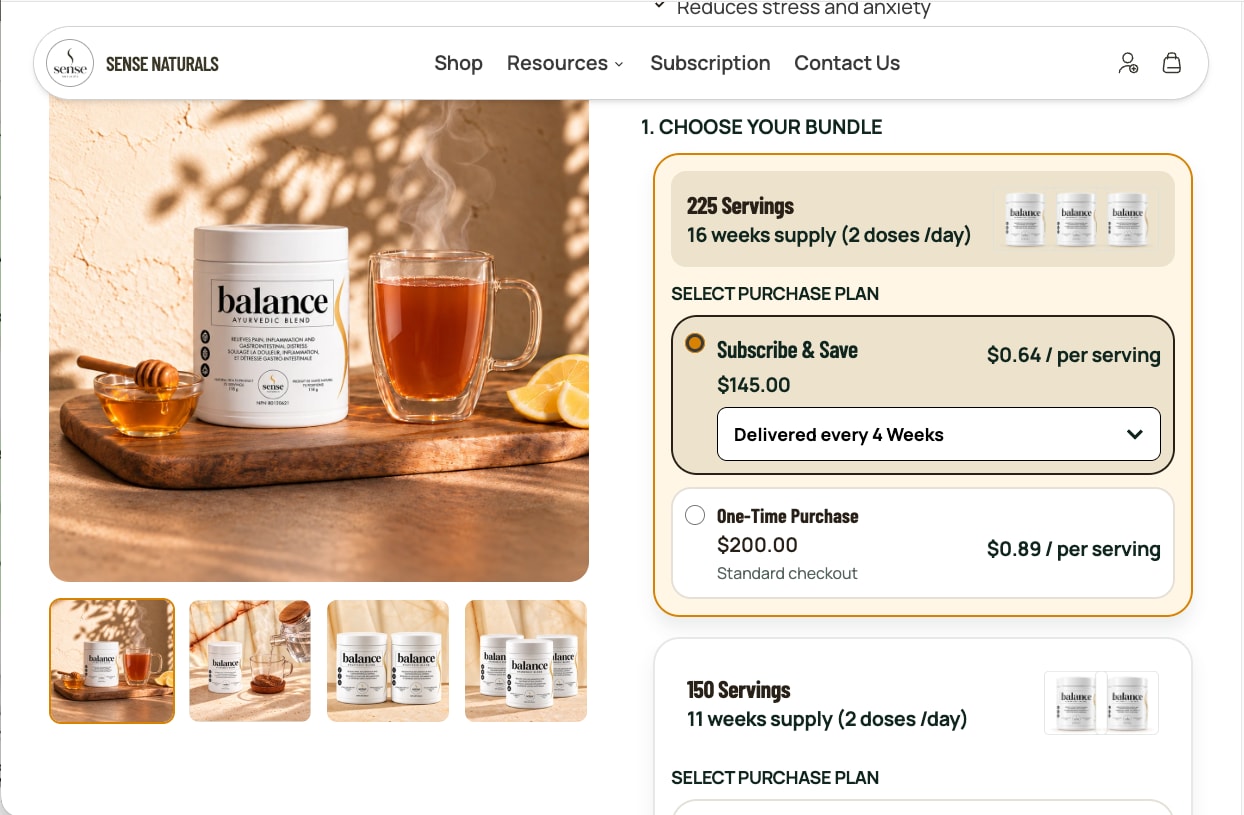 Product page with a photo gallery and a bundle and purchase plan selector