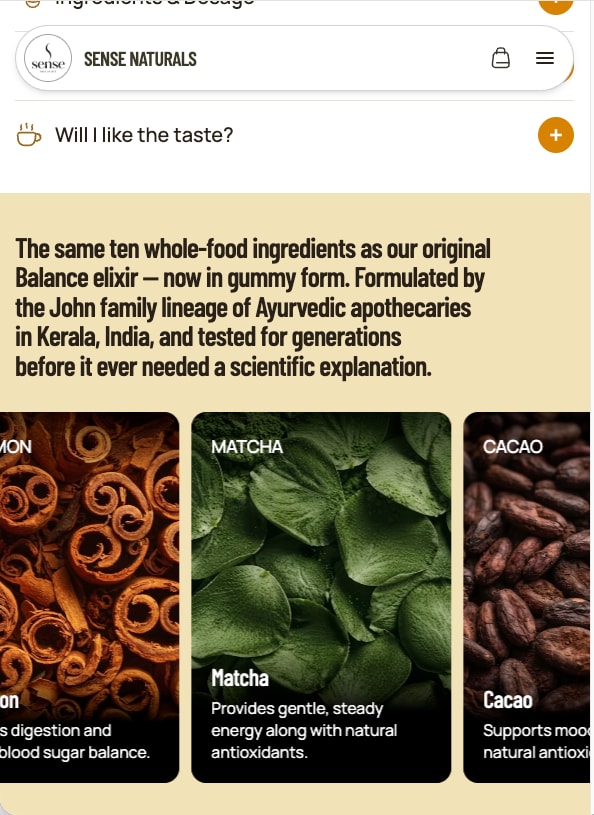 Ingredient cards for cinnamon, matcha and cacao, on a phone