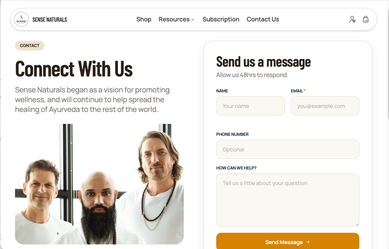 Contact page with a photo of the founders and a message form
