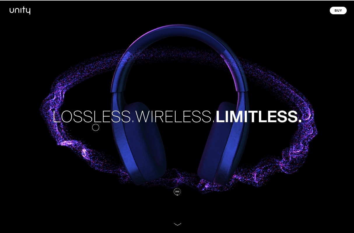 Unity hero: blue headphones in a violet particle ring with Lossless. Wireless. Limitless.
