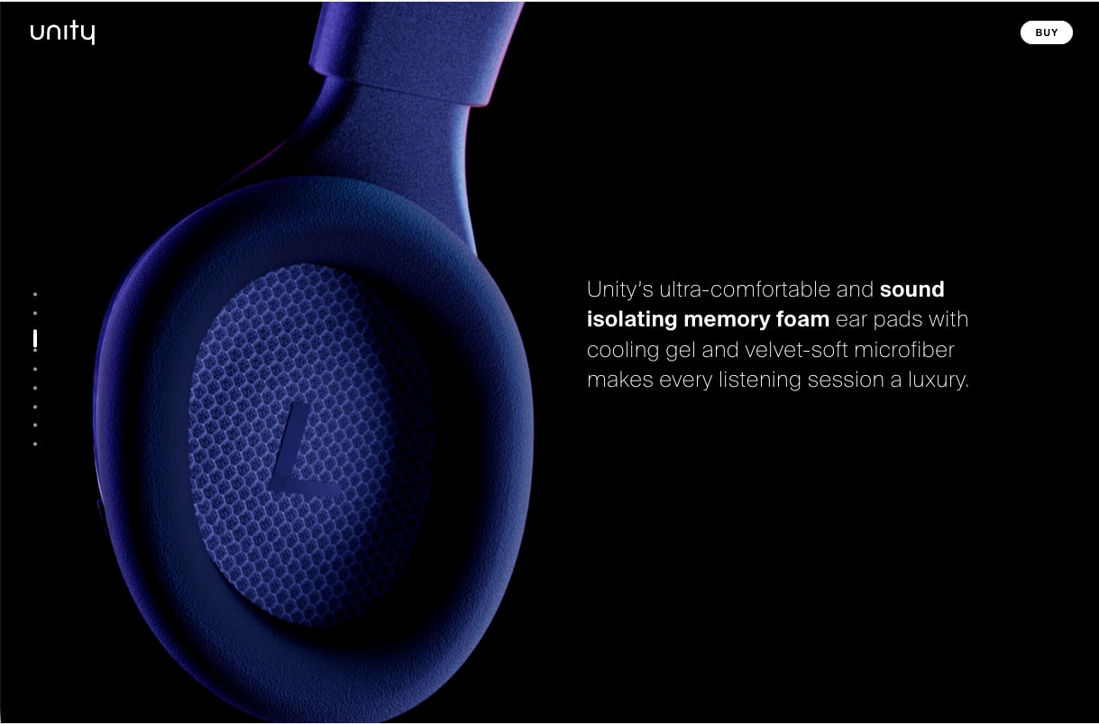 Close-up of the earcup cushion with copy about memory foam ear pads