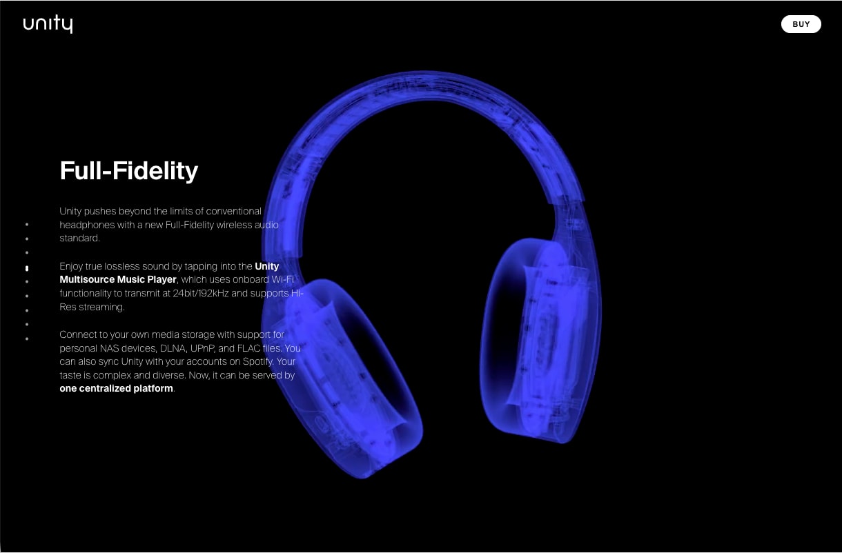 Translucent blue render of the headphones beside Full-Fidelity copy