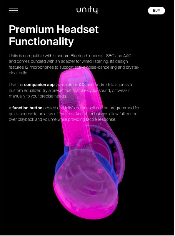 Premium headset copy above a pink translucent earcup, on a phone