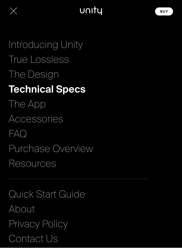 Menu listing Introducing Unity, True Lossless, The Design, Technical Specs and more