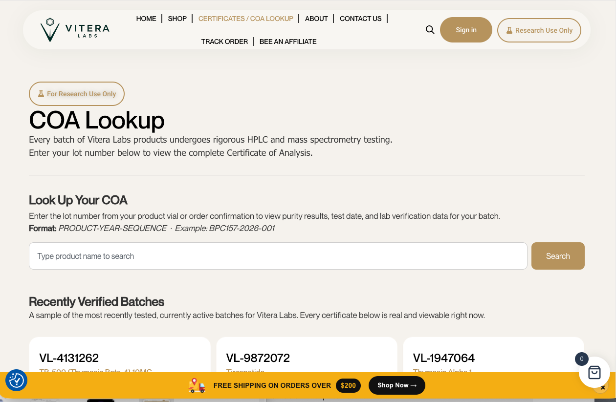 Certificate of analysis lookup with a search field and recently verified batch cards