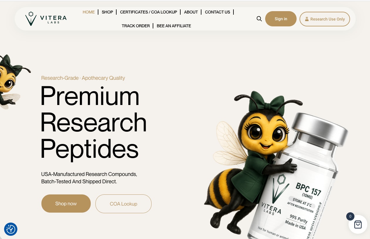 Vitera Labs homepage with a large headline and an illustrated bee hugging a vial