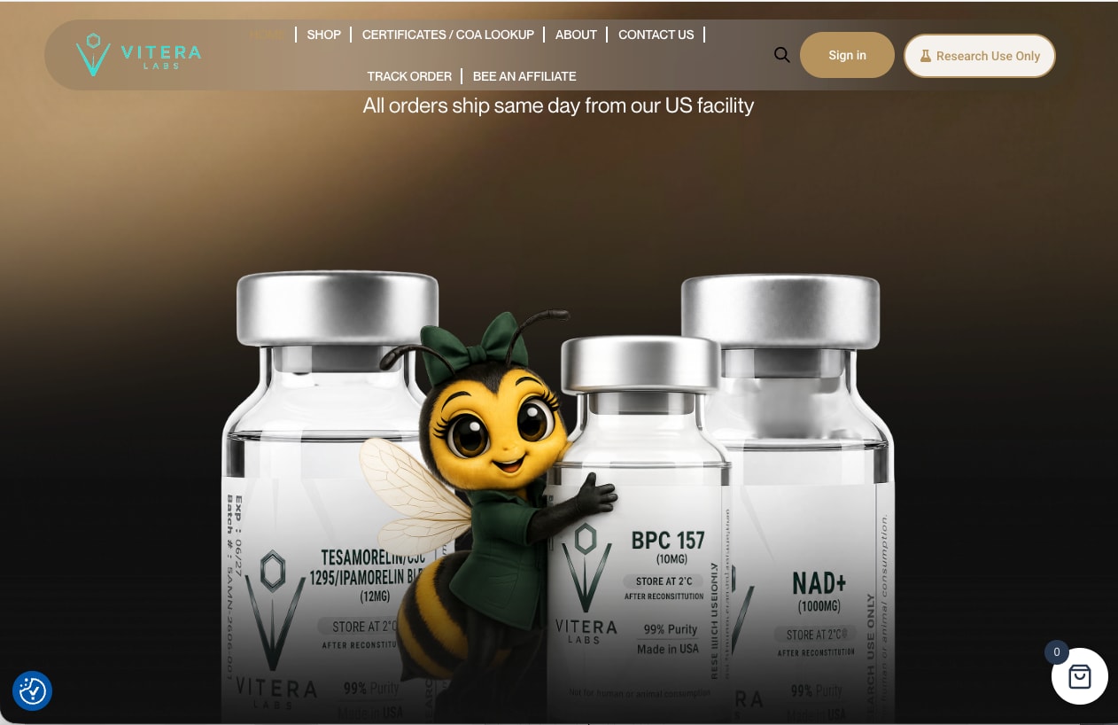 Dark hero with vials and the bee mascot under a shipping note