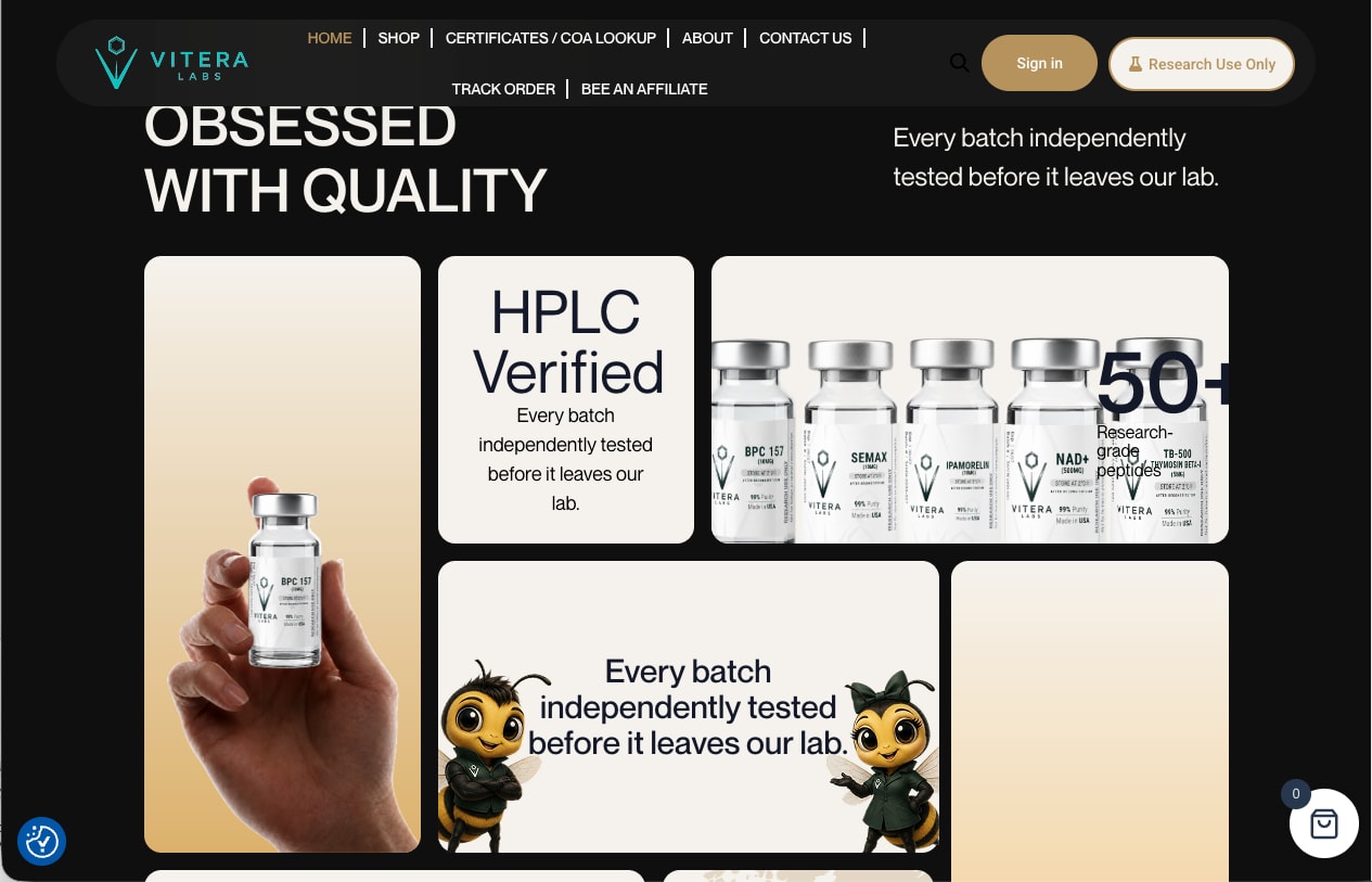 Quality section with an HPLC verified tile, product photos and the bee mascot