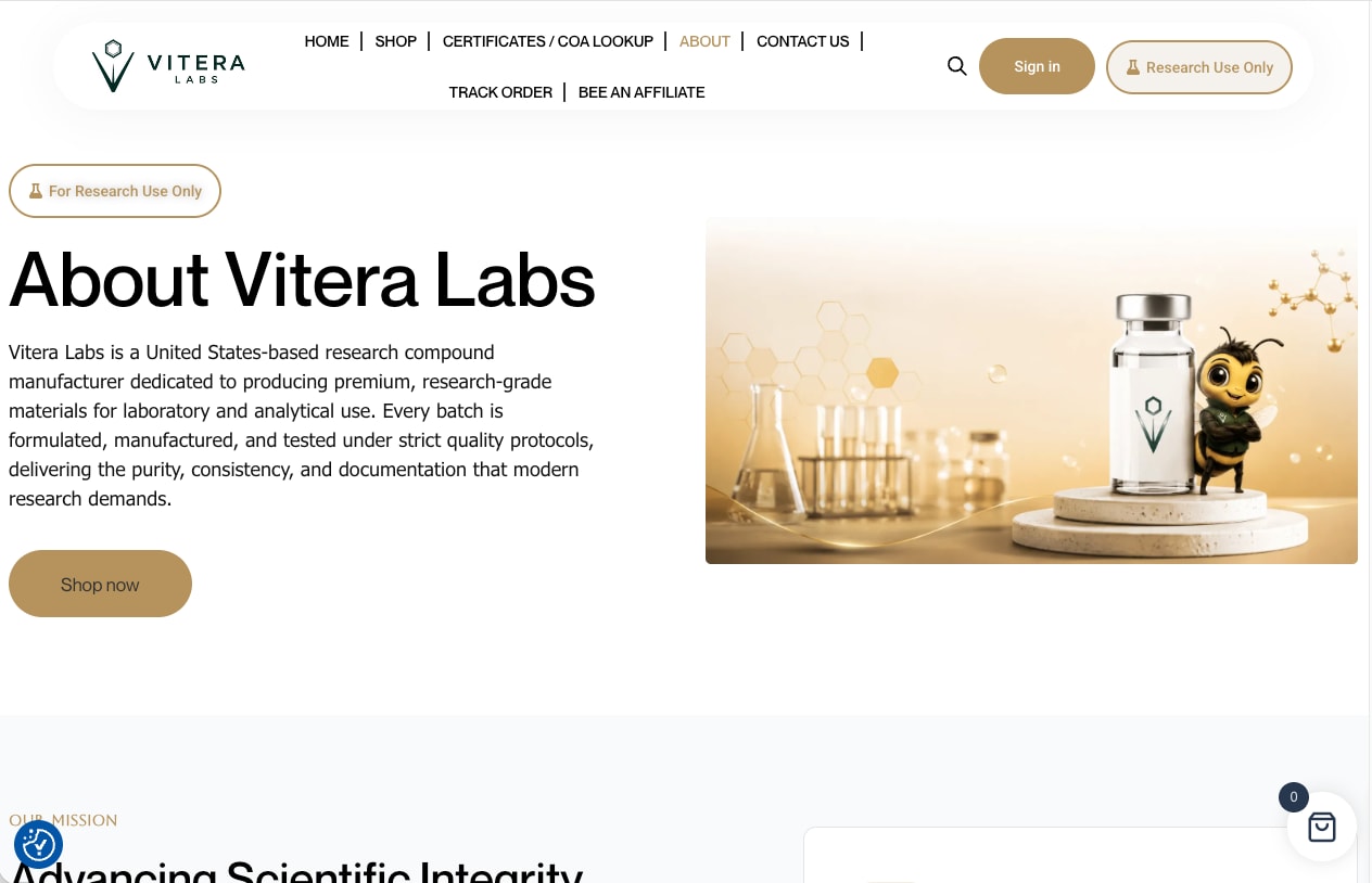 About Vitera Labs page with a lab-themed product image and a Shop now button