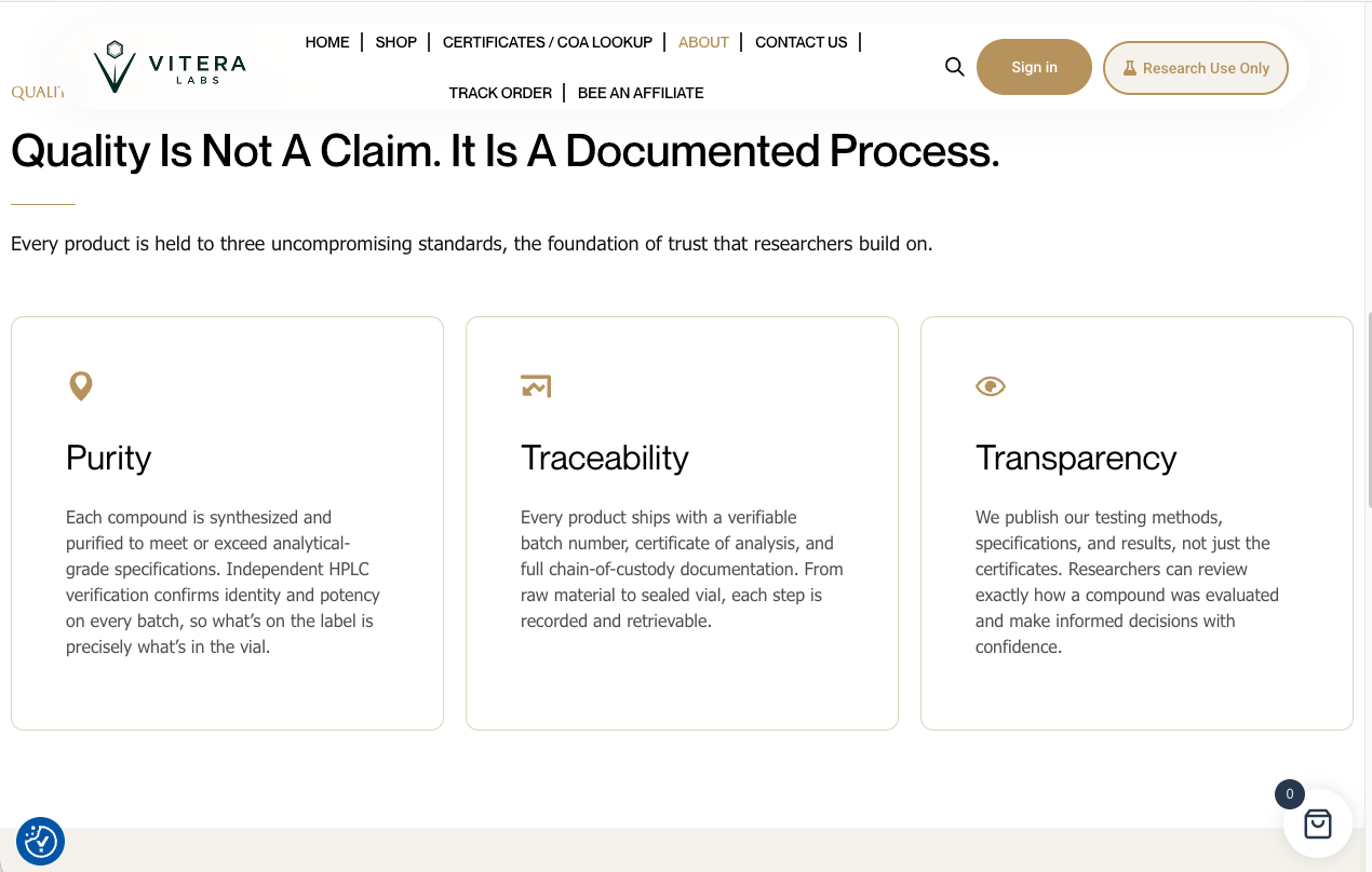 Three cards for purity, traceability and transparency on white