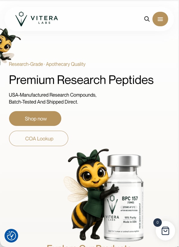 Vitera Labs hero with the bee mascot and two buttons, on a phone