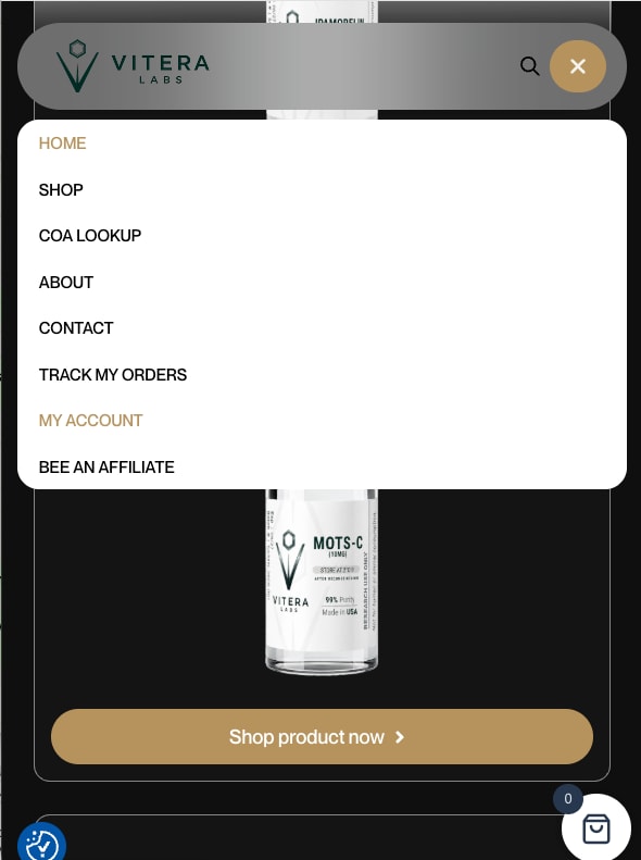 Menu with shop, COA lookup, about, contact, order tracking and affiliate links, on a phone